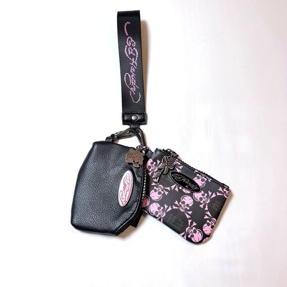 Ed Hardy Handbags - Ed Hardy Pink-Black Skulls Wallet & Wristlet Charms Keychain Double Pouch NWT